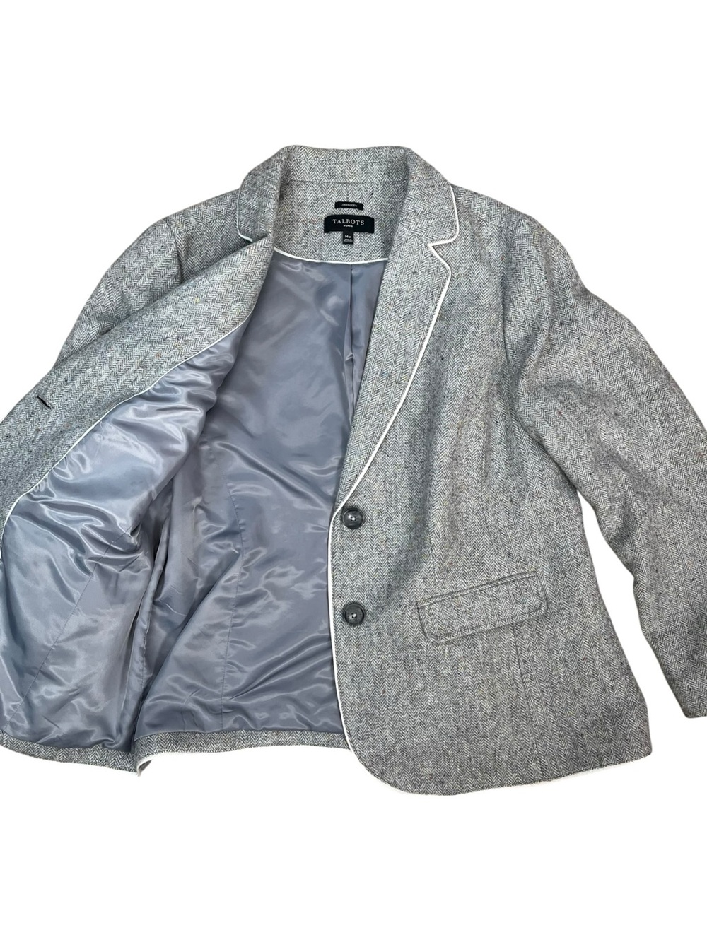 Talbots Woman Aberdeen Herringbone Tweed Blazer 14W Grey Wool Preppy Classic - Picture 6 of 11
